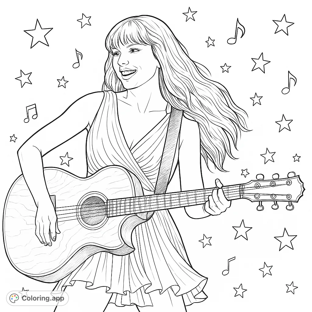 A dynamic coloring page featuring a smiling musician playing an acoustic guitar on stage, surrounded by a starry background and musical notes.