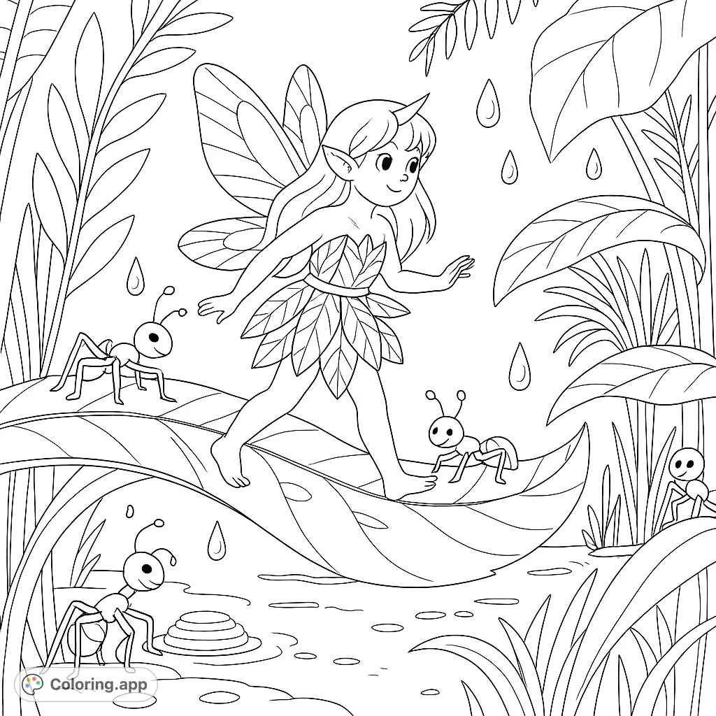 A charming fairy with wings and a horn walks across a giant leaf, surrounded by friendly ants and lush forest plants. A magical nature scene.