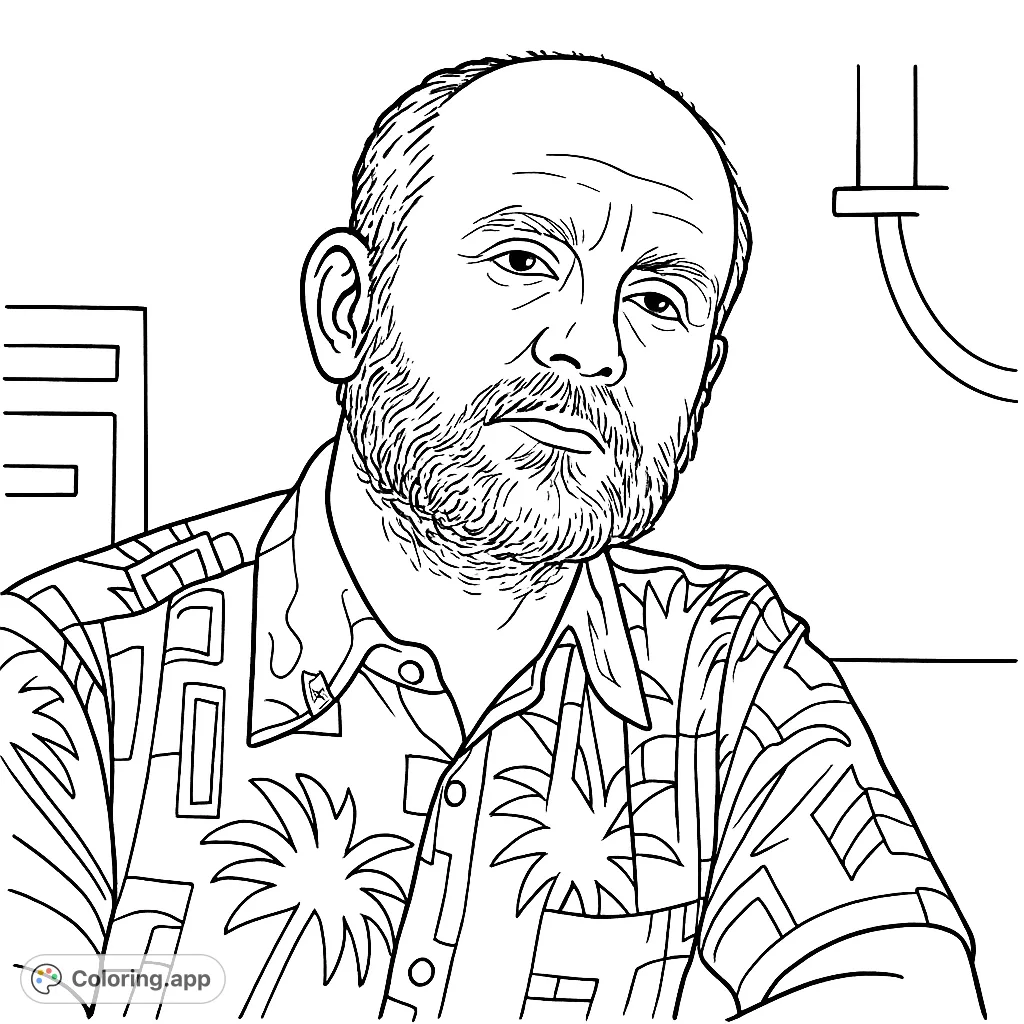A detailed portrait of a bearded man in a patterned shirt, offering a unique coloring challenge for enthusiasts of realistic figures and intricate designs.