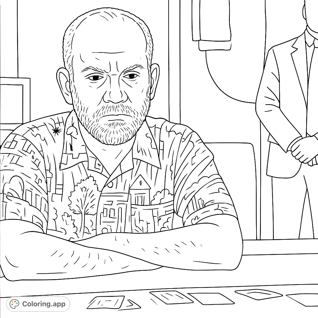 Color a serious man with a beard, wearing a detailed tropical patterned shirt. Explore intricate patterns and facial expressions in this engaging portrait.