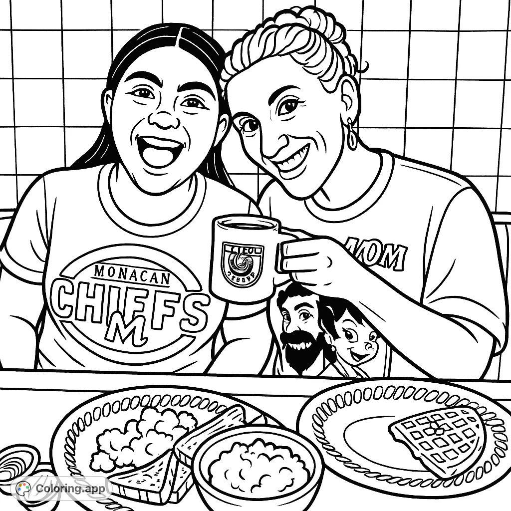 Capture a joyful diner breakfast scene with two smiling friends, delicious food, and a cozy atmosphere. A delightful cartoony coloring page.