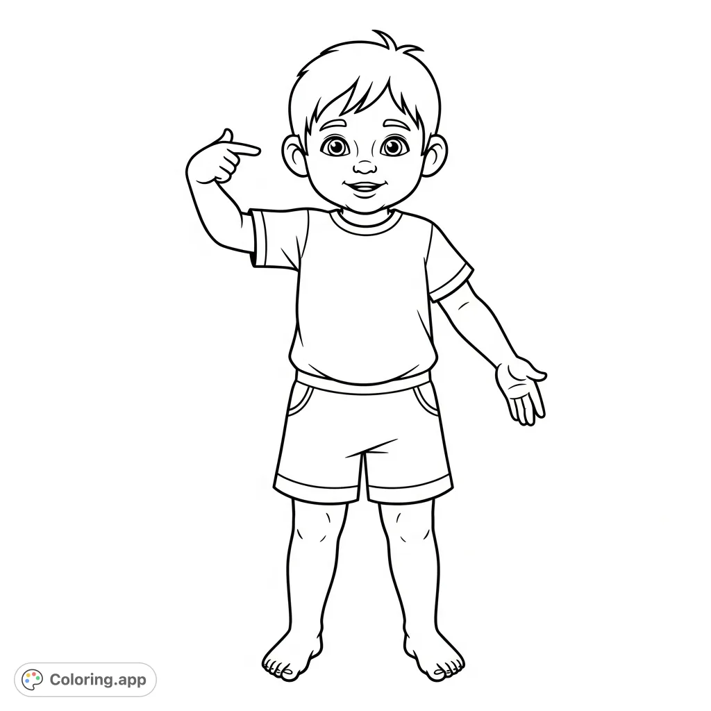 A delightful coloring page featuring a cheerful child pointing to their head and feet, perfect for learning body parts and expressing creativity.