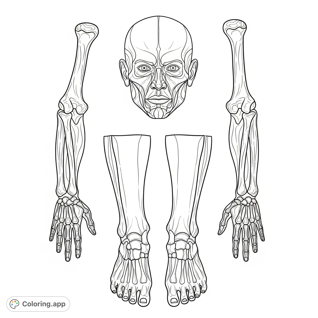 Explore a detailed human anatomy coloring page featuring a central head, arms, hands, legs, and feet, perfect for educational or artistic study.