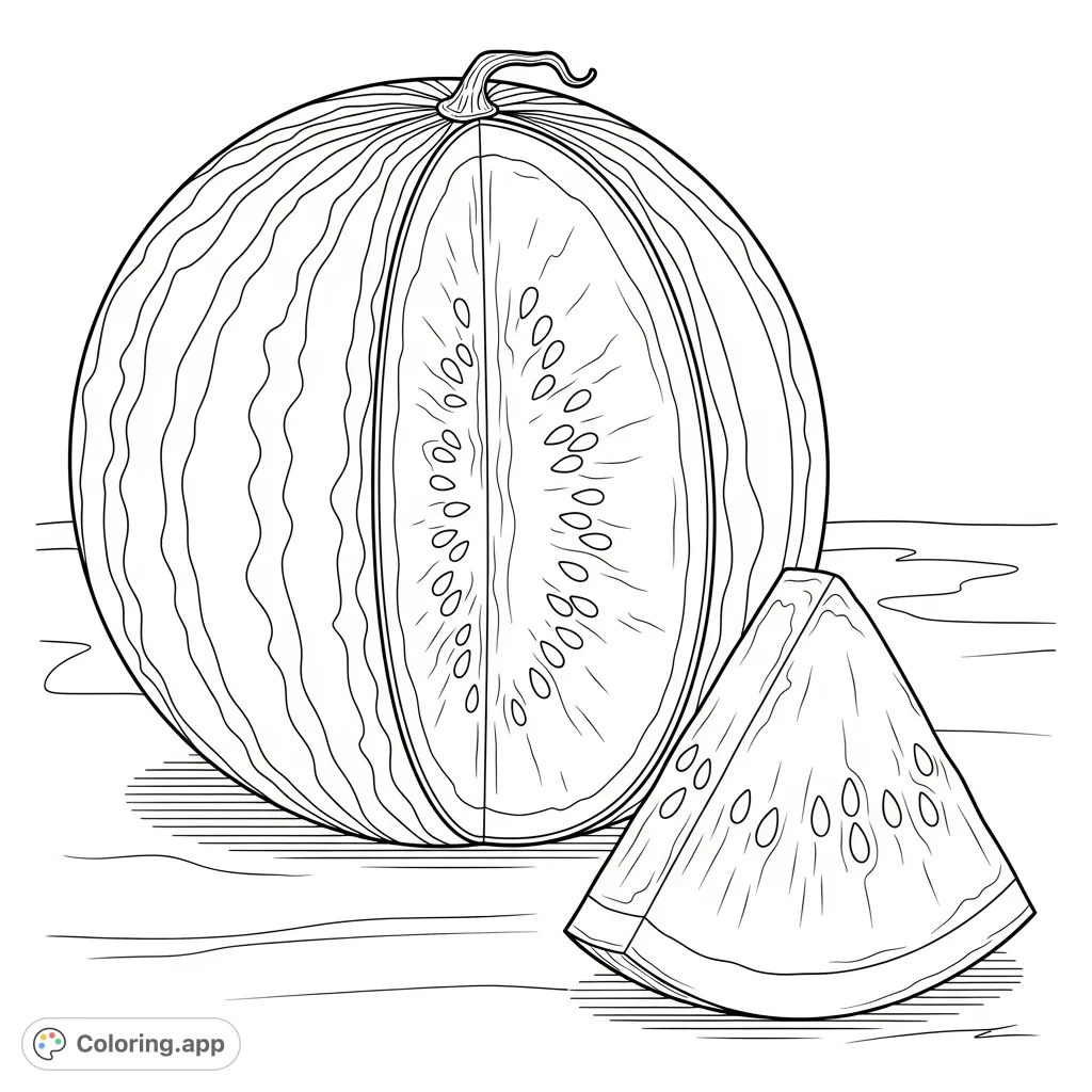 A delightful watermelon coloring page featuring a whole fruit, a large wedge, and a smaller slice, perfect for a refreshing coloring experience.