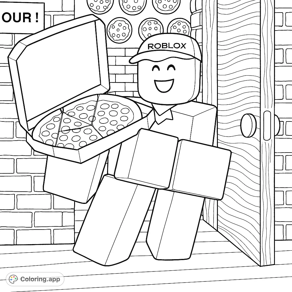 A cheerful blocky character delivers a delicious pizza in an open box. Perfect for fans of gaming and pizza, ready for creative coloring fun!