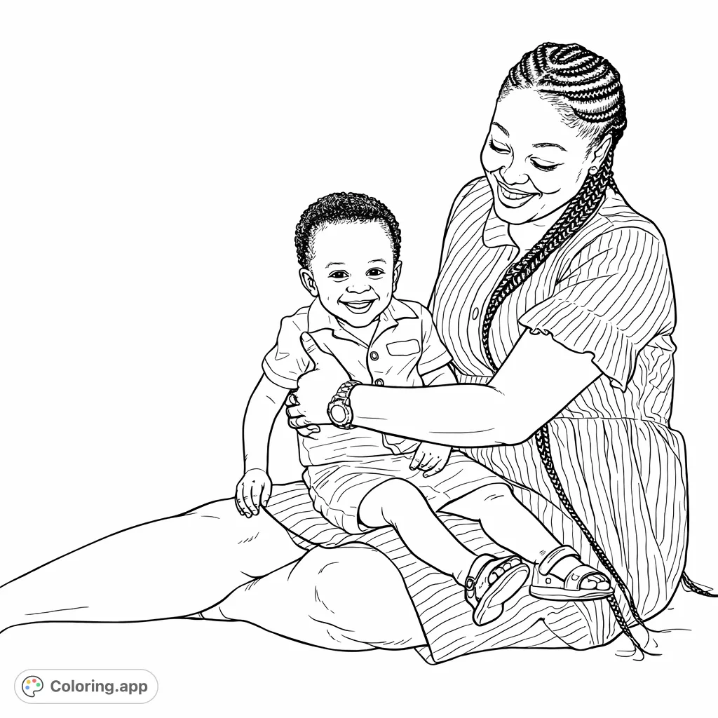 A heartwarming coloring page captures a mother's loving embrace with her smiling child. Features intricate hair patterns, striped clothing, and pure joy.