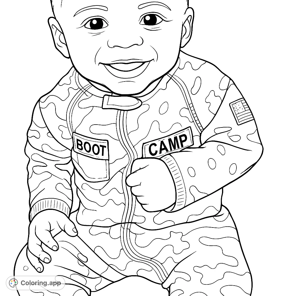 A heartwarming baby in a military-style uniform, featuring a patterned design, patches, and an emblem. Perfect for celebrating little heroes and family pride.