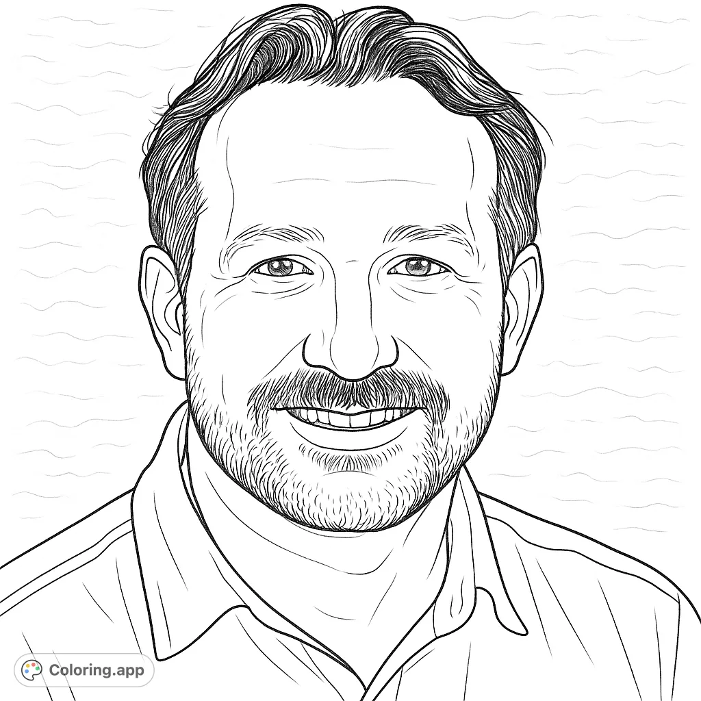 A friendly man with a beard and mustache smiles warmly, offering a simple yet engaging portrait for a relaxing coloring experience. Perfect for all ages.