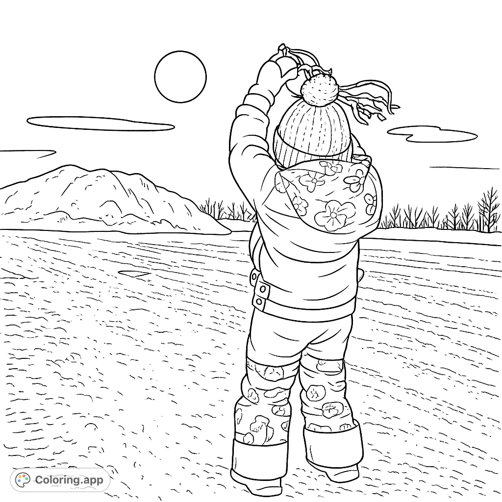 A child enjoys a snowy day, holding a festive object with flowing ribbons against a bright sky and distant snow mounds. Perfect for winter fun coloring page.