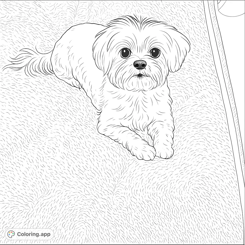 An adorable fluffy dog rests on a soft, textured bed, looking directly at you. A charming scene for dog lovers to color and enjoy, perfect for relaxation.