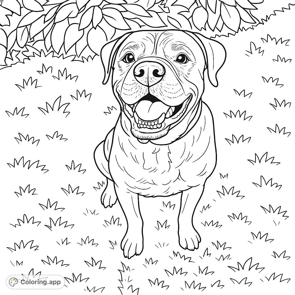 A charming dog portrait coloring page, perfect for animal lovers. Features a happy dog sitting in a grassy outdoor setting with lush foliage.