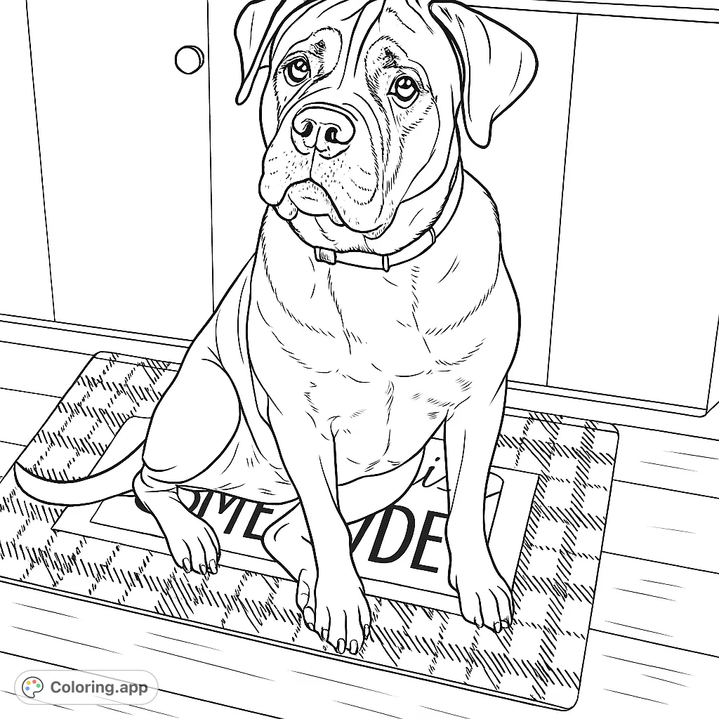 A charming dog sits patiently on a patterned mat, its expressive face and gentle eyes inviting you to bring it to life with your favorite colors.