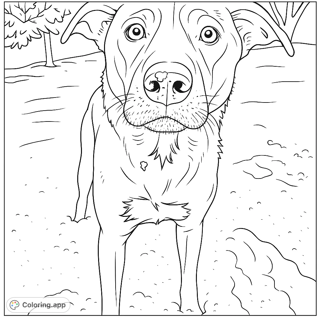 A charming dog stands in a snowy landscape, its muzzle dusted with flakes. A delightful winter scene perfect for animal lovers and seasonal coloring fun.