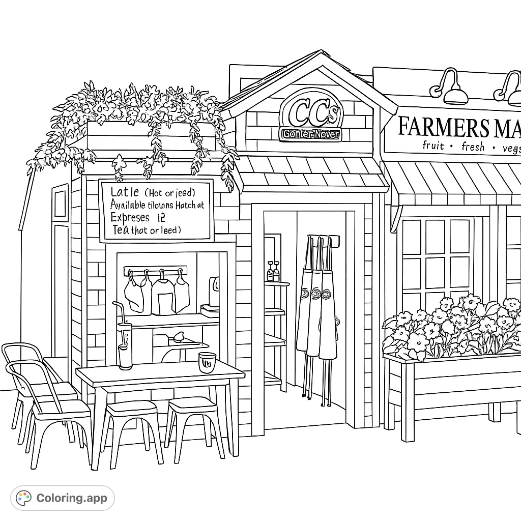 Explore a charming miniature coffee house and farmer's market scene, complete with detailed storefronts, a menu board, and abundant flowers.