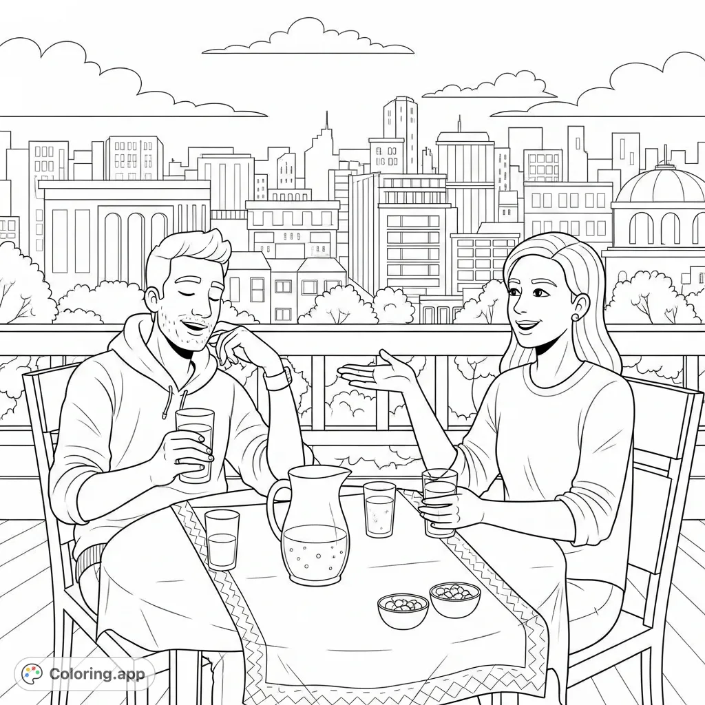 Enjoy a relaxing day out with this adult best friends coloring page. Features two companions enjoying refreshing beverages in a scenic outdoor setting.