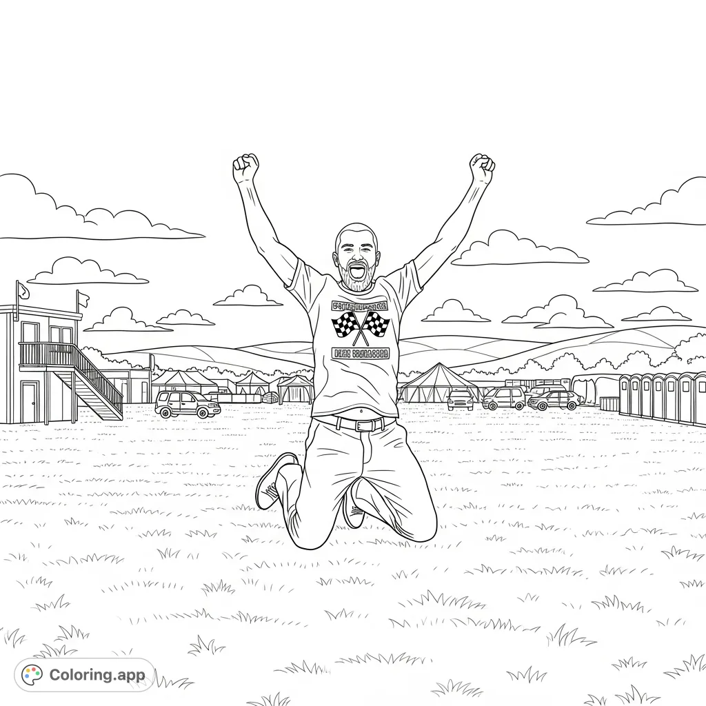 Capture the energy of a man mid-jump, celebrating triumph in an expansive outdoor field with distant structures and rolling hills. A dynamic scene for creative expression.
