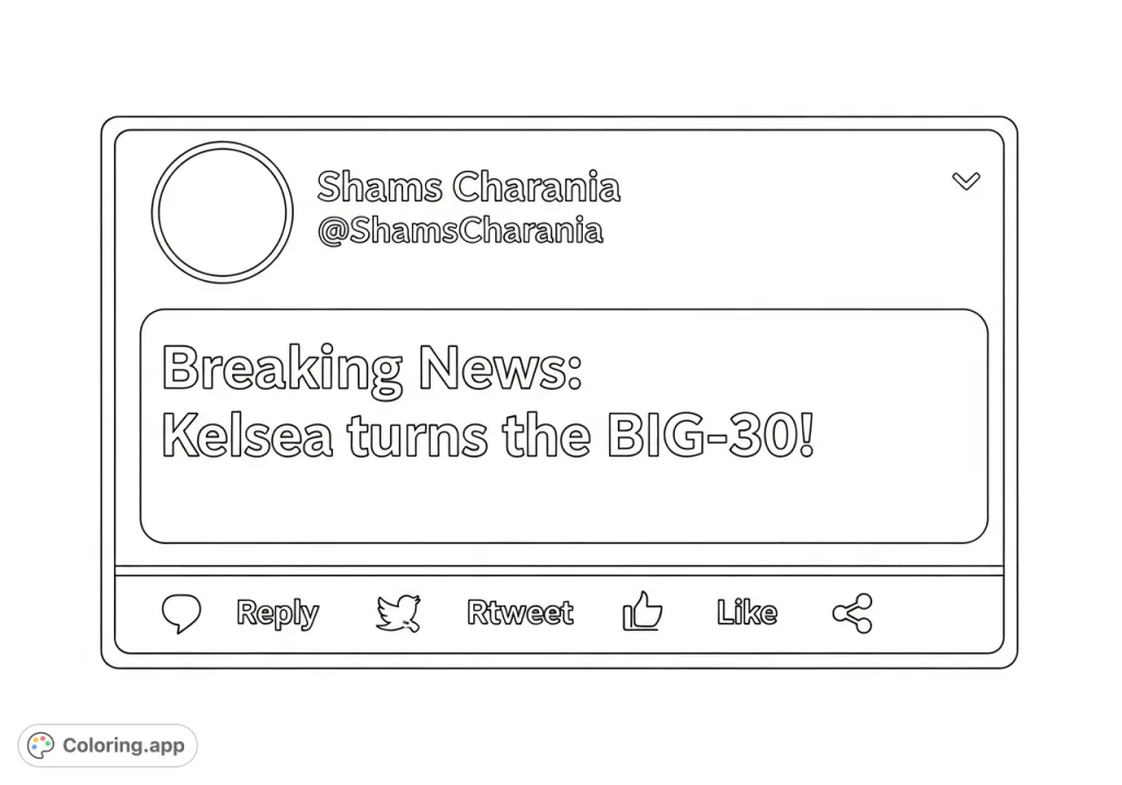 Celebrate Kelsea's 30th birthday with this unique tweet box coloring page! Features a breaking news announcement from @ShamsCharania.