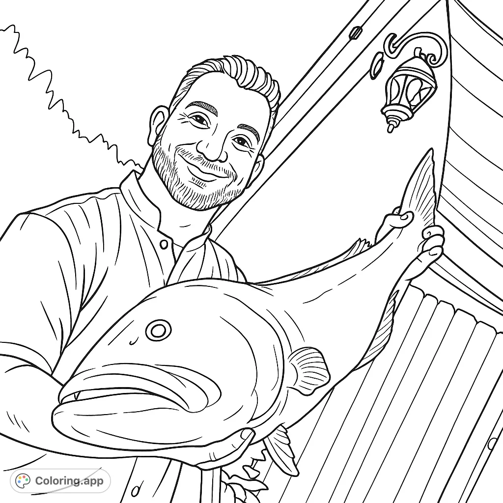 A smiling chef proudly displays a massive fish, perfect for a fishing or culinary themed coloring page. Enjoy detailing the fish and the outdoor scene.