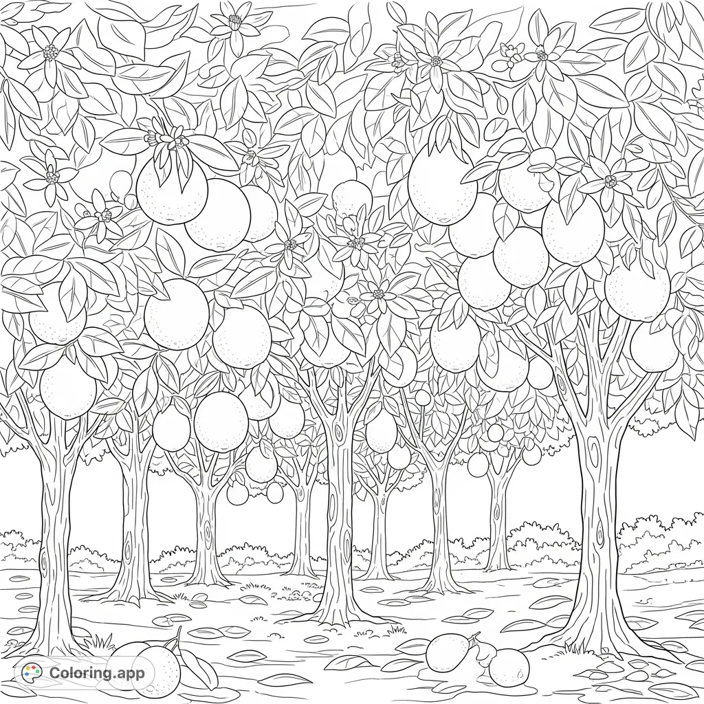 Explore a lush citrus grove bursting with ripe fruits and delicate blossoms. A delightful nature-themed coloring page for all ages.