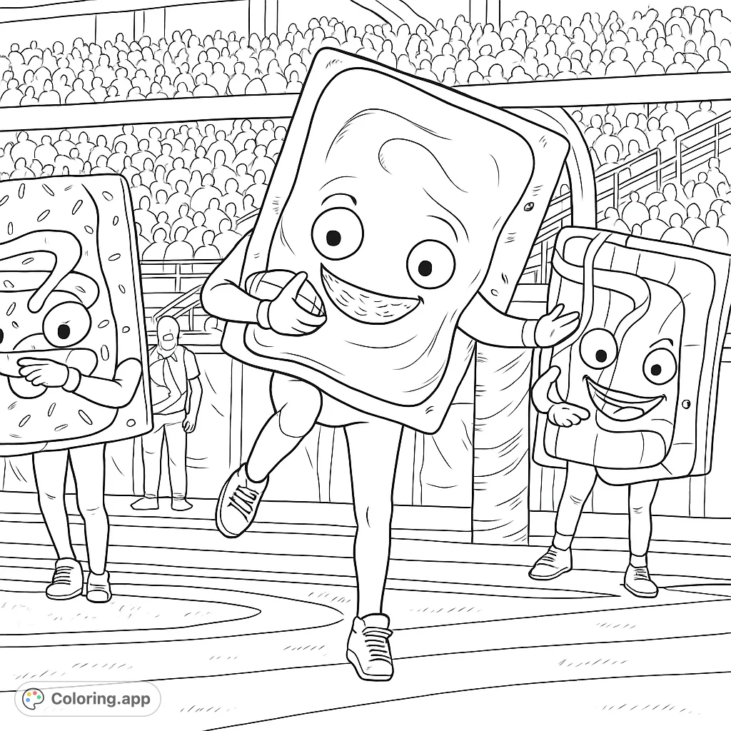 Three cheerful toaster pastry mascots entertain a stadium crowd on a sports field. A fun, detailed coloring page for sports and food fans.