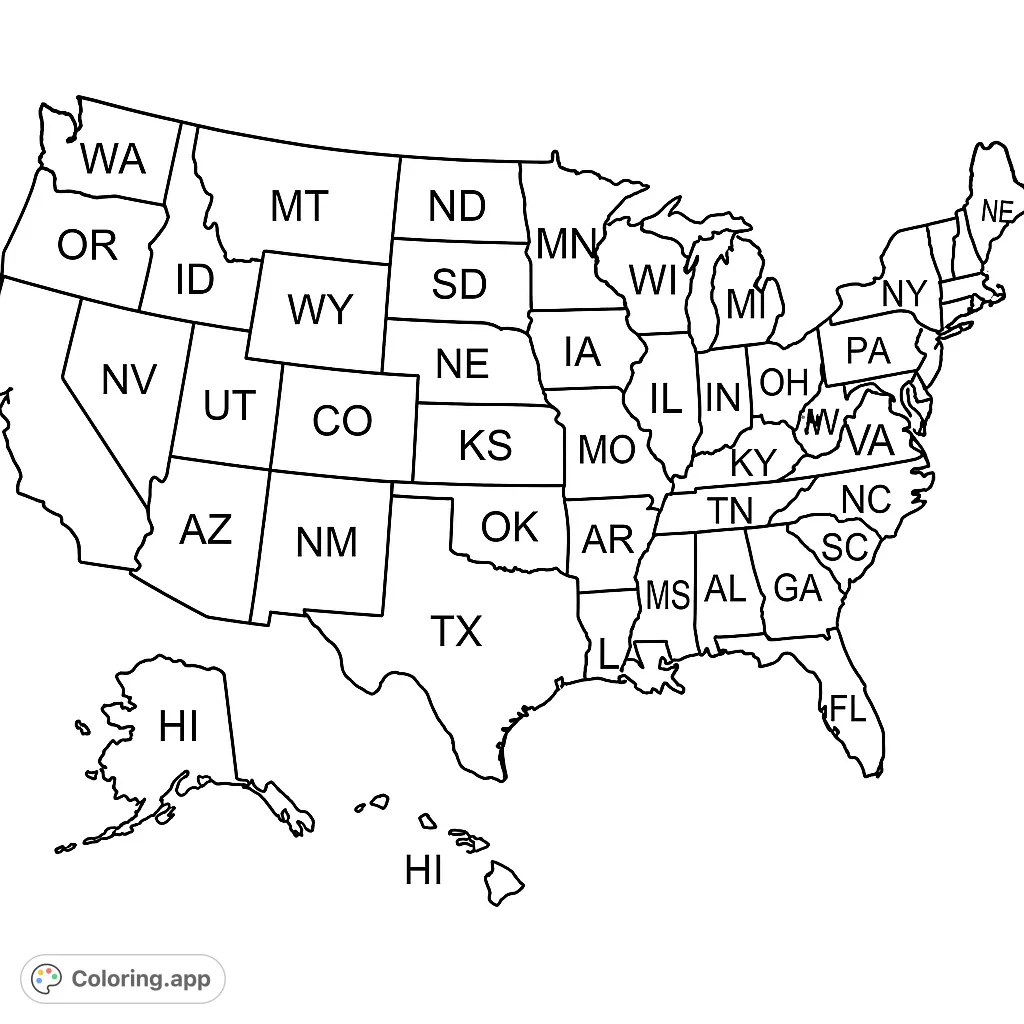 Explore the USA with this detailed state map coloring page. Each state is outlined with its abbreviation, perfect for learning geography and creative expression.