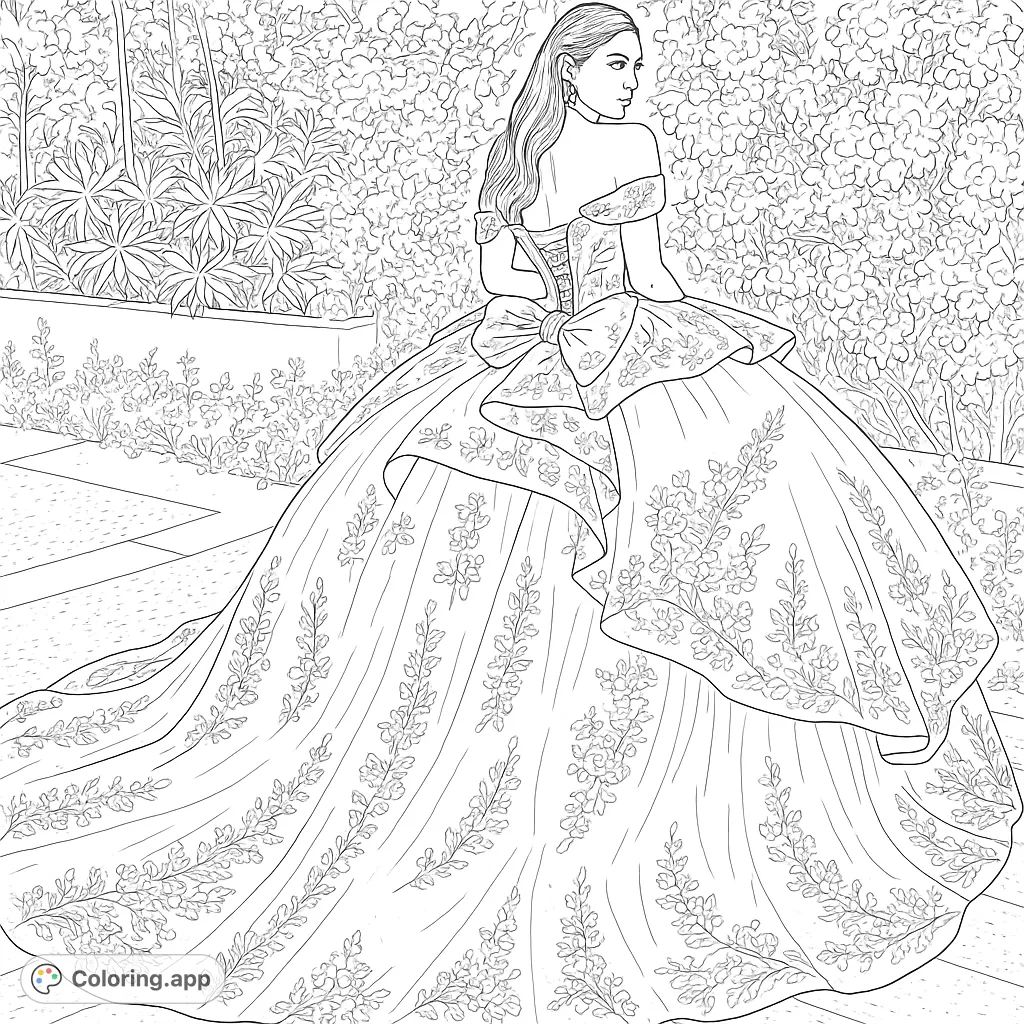 Step into a world of fashion with this elegant ball gown coloring page. Featuring intricate floral embroidery and a grand silhouette, perfect for creative expression.