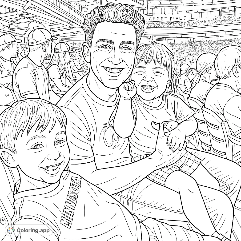 Capture a heartwarming family moment at a lively stadium. A father and his two children share smiles amidst the cheering crowd, perfect for a memorable coloring experience.
