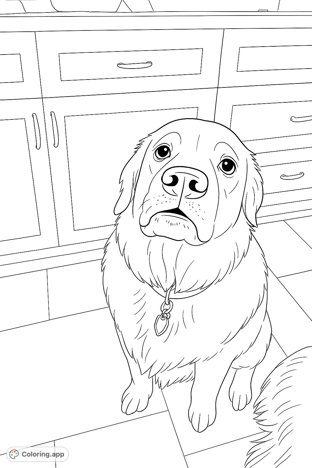 A charming fluffy dog sits patiently in a kitchen, ready for a treat. This adorable dog coloring page is perfect for pet lovers of all ages.