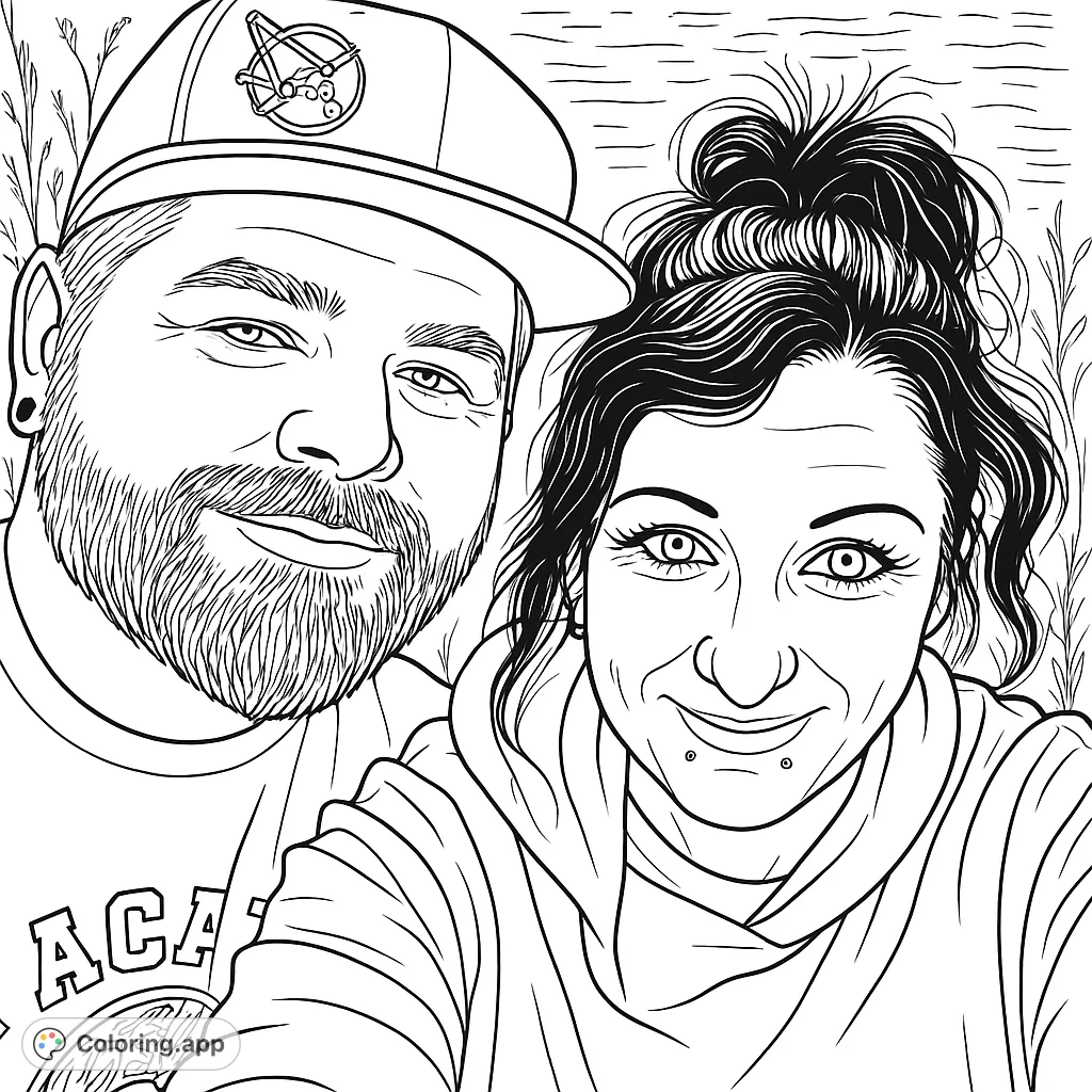 A modern couple's outdoor portrait, featuring a bearded man in a cap and a woman with piercings and a messy bun. Perfect for personalizing.