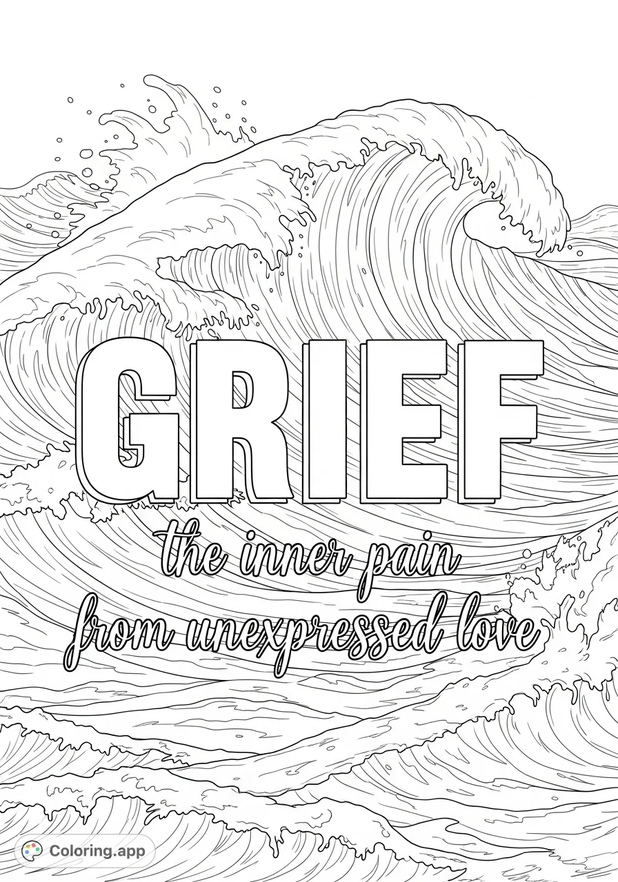 A powerful coloring page featuring the word "GRIEF" amidst a tumultuous ocean, conveying deep emotion and the weight of unexpressed love.