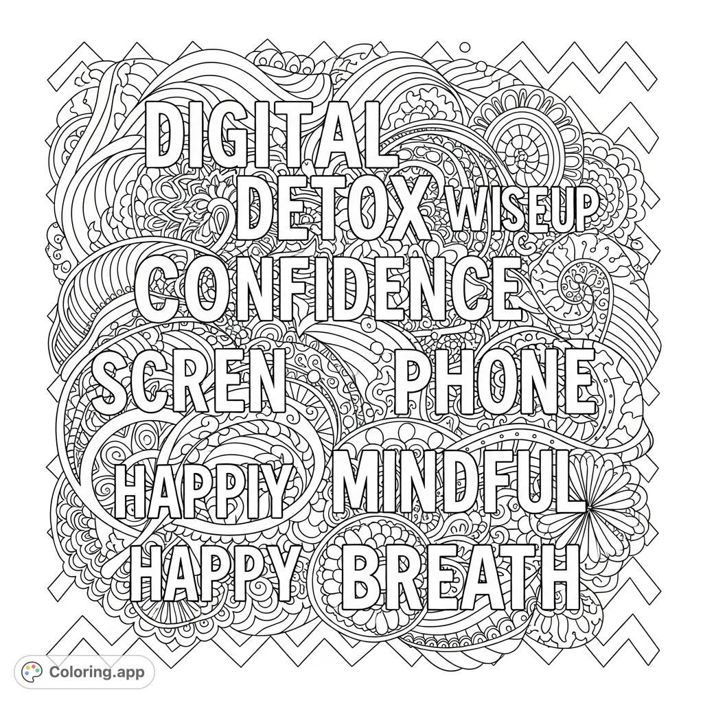 An abstract coloring page featuring bold words like Digital, Detox, Mindful, and Happy, surrounded by intricate waves, mandalas, and geometric patterns for a calming, engaging experience.