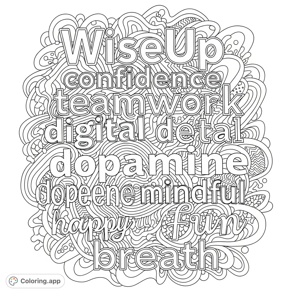 Explore a unique word art coloring page featuring intertwined words like 'mindful', 'detox', and 'confidence' against an abstract background. Perfect for reflection.