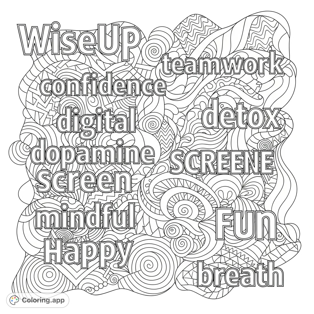 Explore a unique coloring page featuring intertwined words like "WiseUp," "mindful," and "detox" against a complex abstract background of flowing lines and geometric shapes.