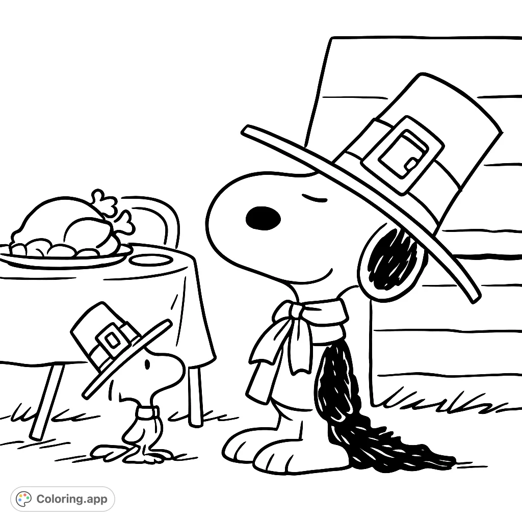 Snoopy and Woodstock celebrate Thanksgiving as pilgrims, complete with hats and a festive feast. A charming holiday scene for all ages.