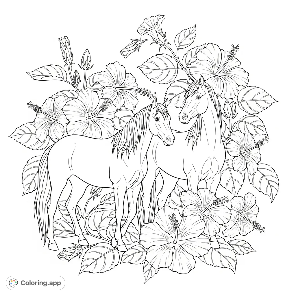 Discover a beautiful horses and hibiscus coloring page. Two majestic horses stand gracefully amidst a lush garden of detailed hibiscus flowers and foliage.