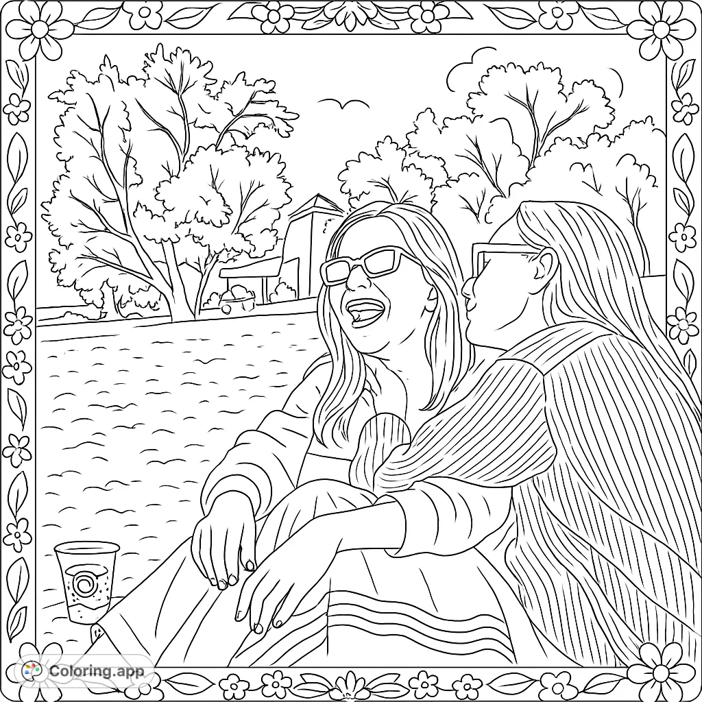 Capture the joy of friendship with this beach scene. Two friends share a laugh on the sand, surrounded by nature. A perfect free printable friendship coloring page for relaxation.