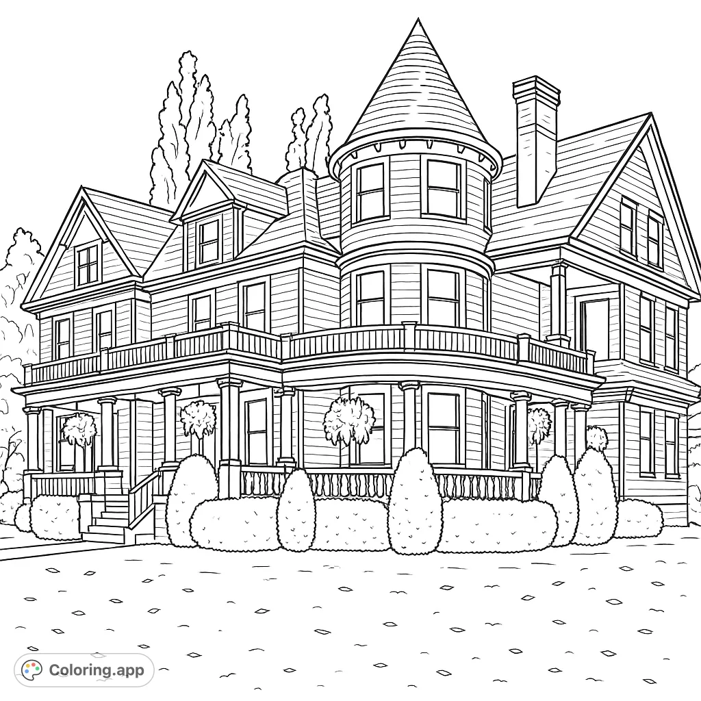 Explore a grand Victorian mansion with a distinctive turret, wrap-around porch, and intricate architectural details, set amidst a manicured garden.