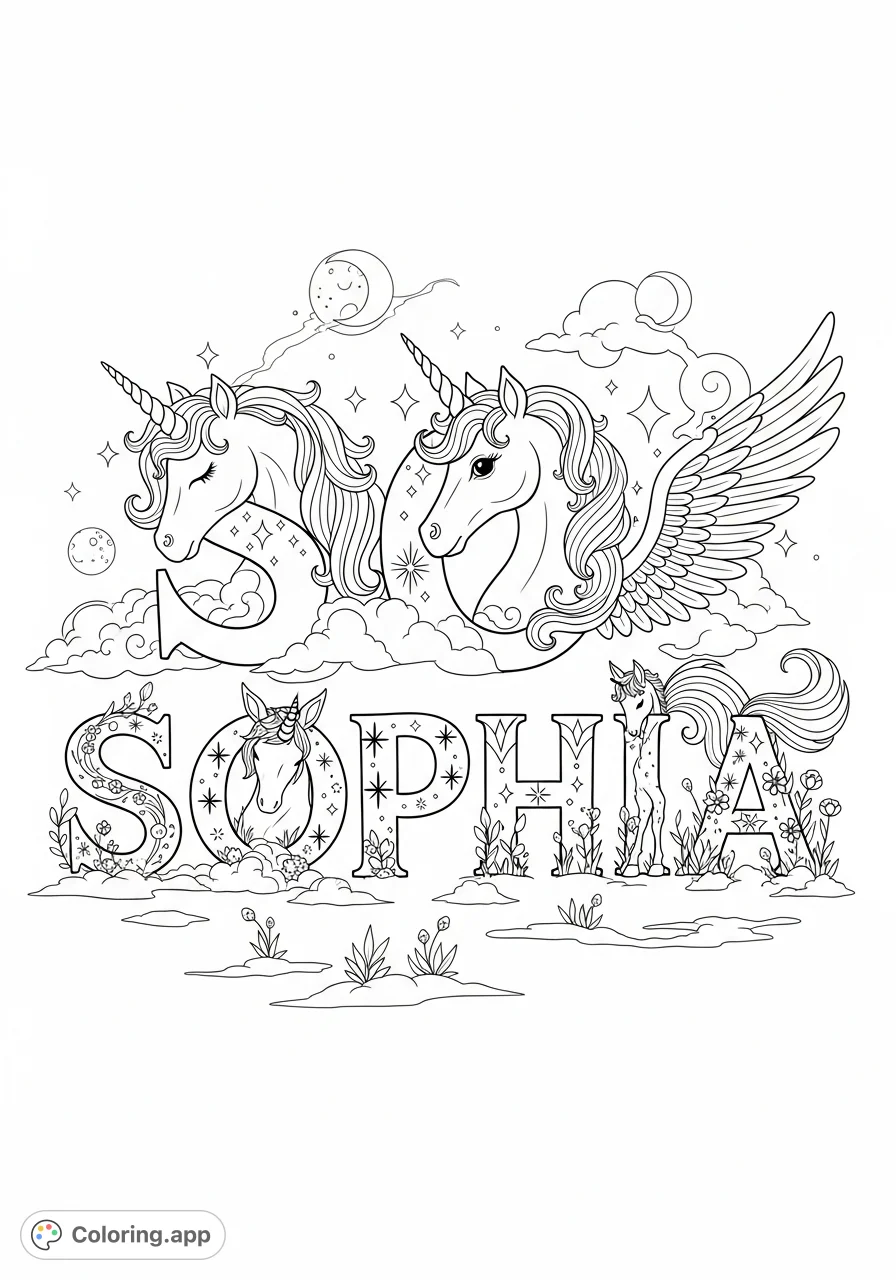 A whimsical Sophia unicorn lettering coloring page, featuring each letter adorned with magical unicorn elements like horns, manes, and starry patterns.