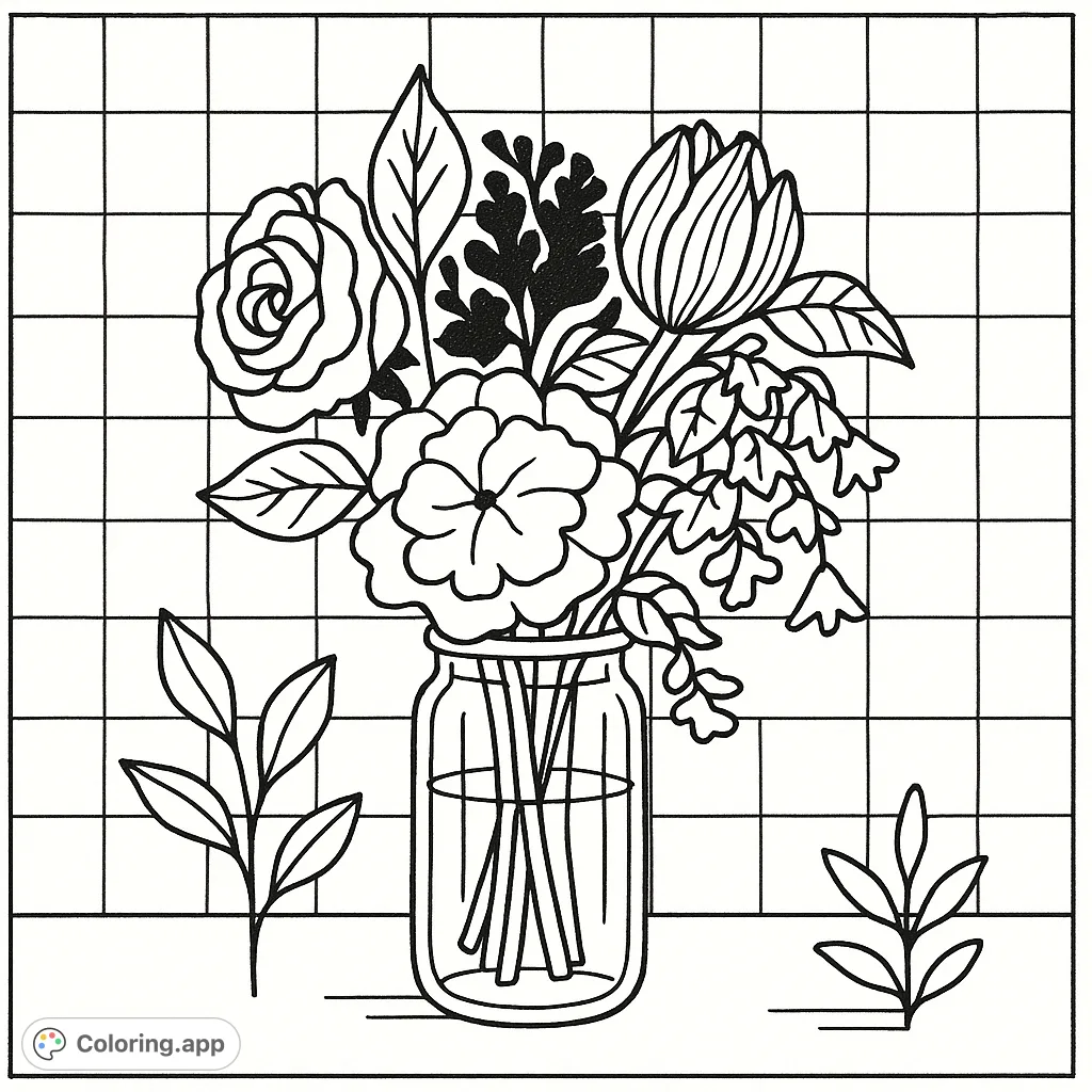 A charming vintage floral bouquet coloring page, perfect for a relaxing creative session. Features a simple vase filled with various blooms and leaves, set against a subtle grid background.