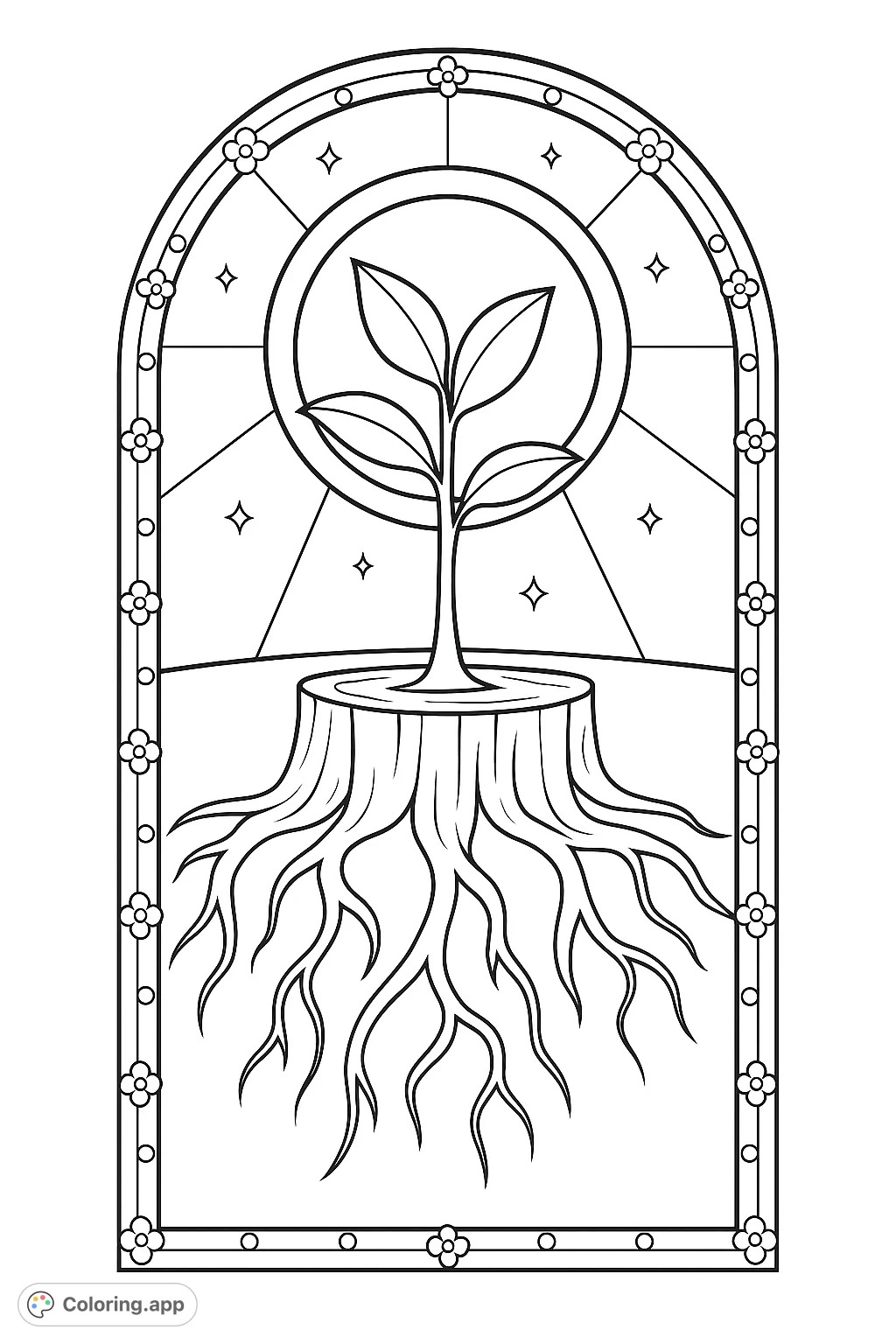 A beautiful stained glass design featuring a young plant growing from a stump, framed by intricate patterns and set against a starry sky. A symbolic growth coloring page.