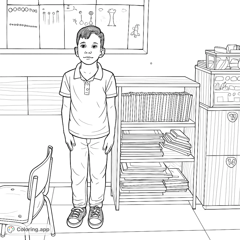 A young student stands proudly in a classroom, surrounded by a bookshelf filled with books and creative drawings on the wall.
