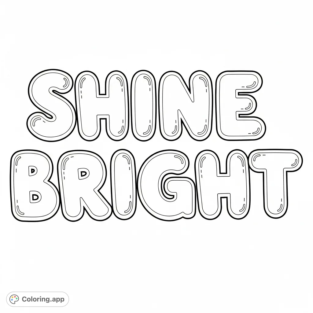 A cheerful coloring page featuring the phrase "SHINE BRIGHT" in bold, rounded bubble letters, perfect for creative expression and positive affirmations.