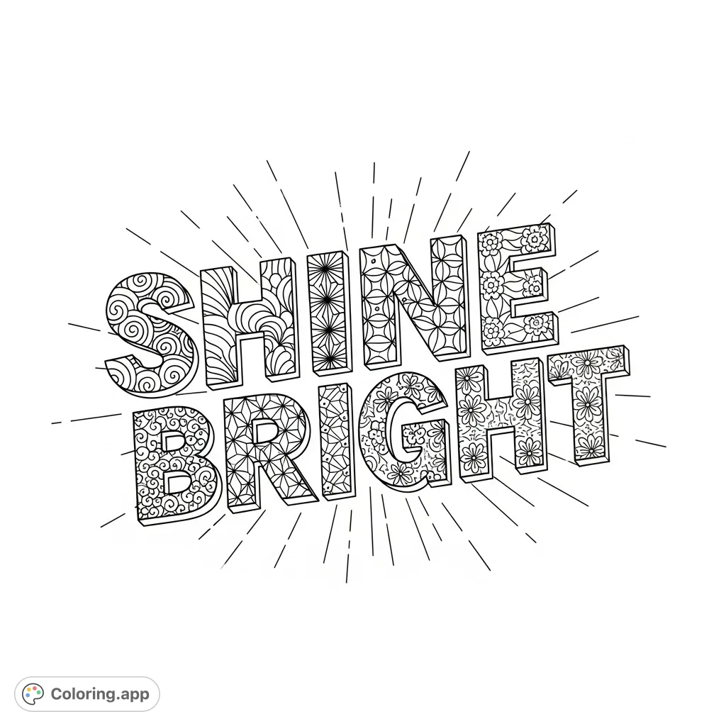 An inspiring "shine bright" coloring page featuring bold letters filled with intricate, unique patterns. A radiant design for creative expression.