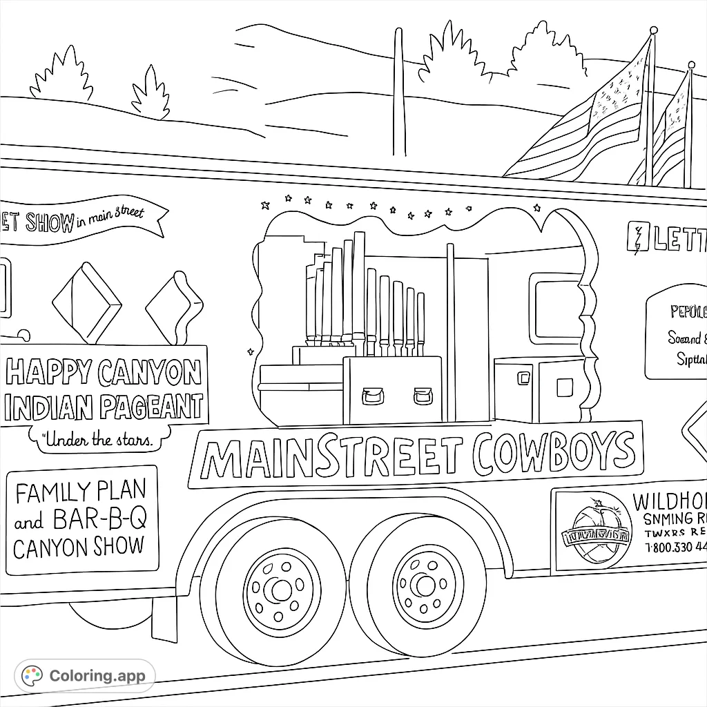 Color a unique mobile show trailer featuring a pipe organ, various signs, and a scenic background. Perfect for music and travel enthusiasts!