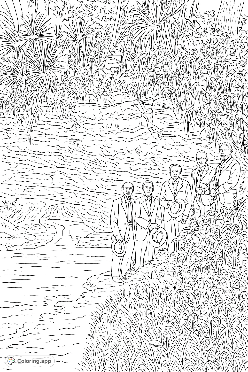 Five men in vintage attire explore a natural cave spring, surrounded by dense foliage and a rocky cliff. A detailed historical nature scene.