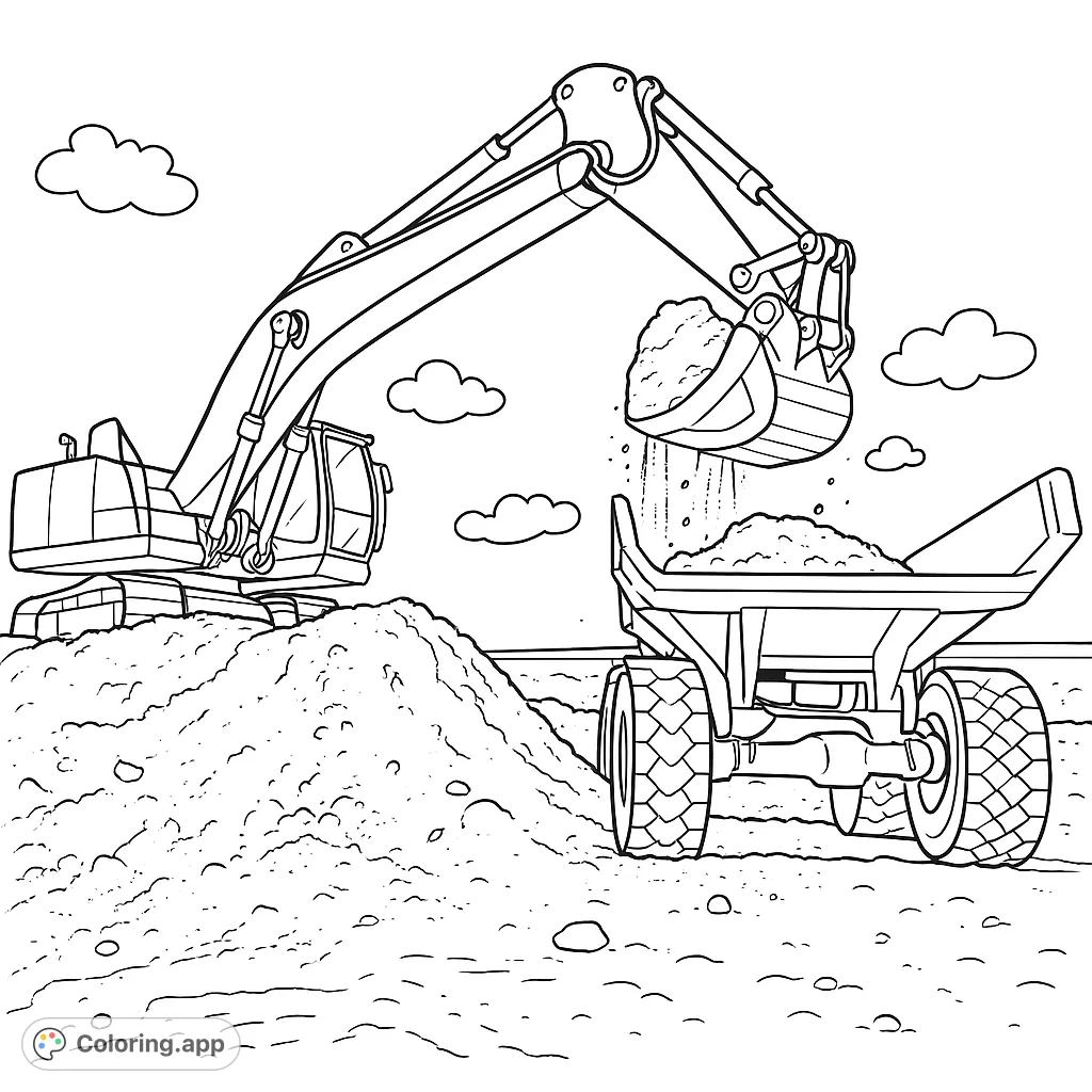 A powerful excavator loads earth into a large dump truck at a busy construction site under a vast sky. Perfect for machinery enthusiasts!