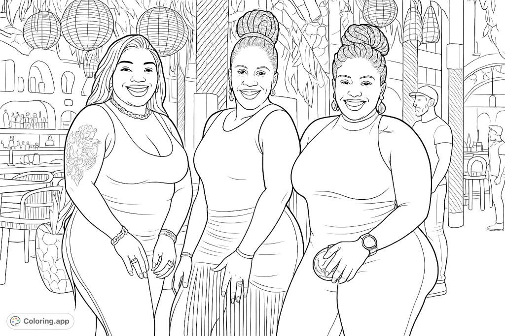 Three stylish women pose together in a chic setting, ready for a night out. Perfect for fashion and portrait coloring enthusiasts.