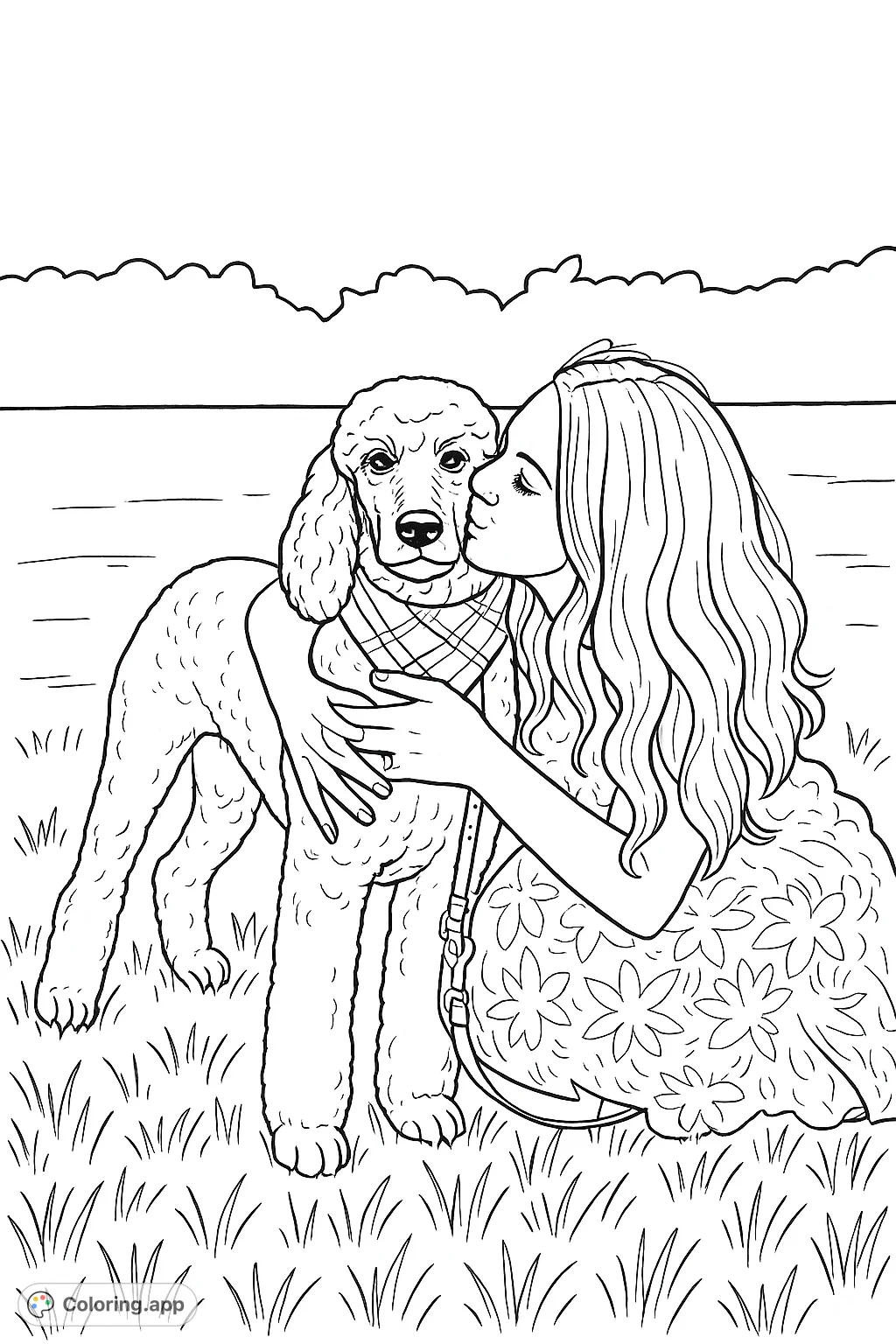 Capture a heartwarming moment: a woman lovingly embraces her large poodle in a grassy field. A beautiful scene of companionship and affection, perfect for coloring.