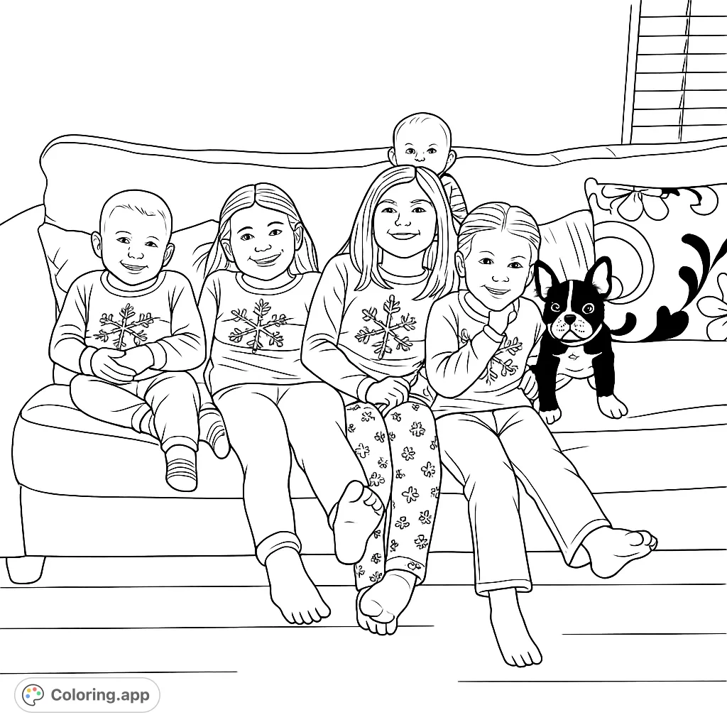 A heartwarming scene of five children and a playful puppy gathered on a cozy sofa, perfect for a festive coloring page.