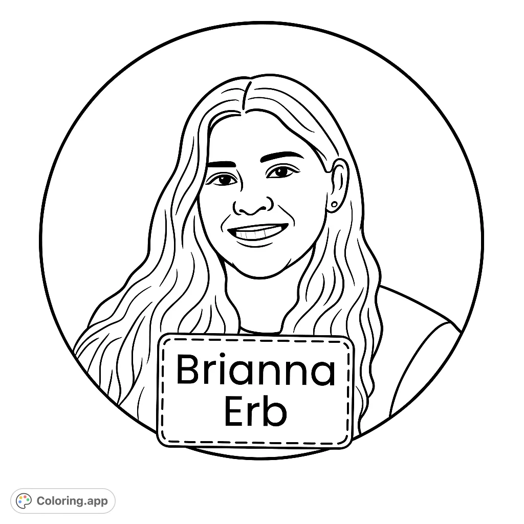A cheerful portrait of a young woman with a name tag, perfect for personalizing and celebrating identity. A free printable portrait coloring page.
